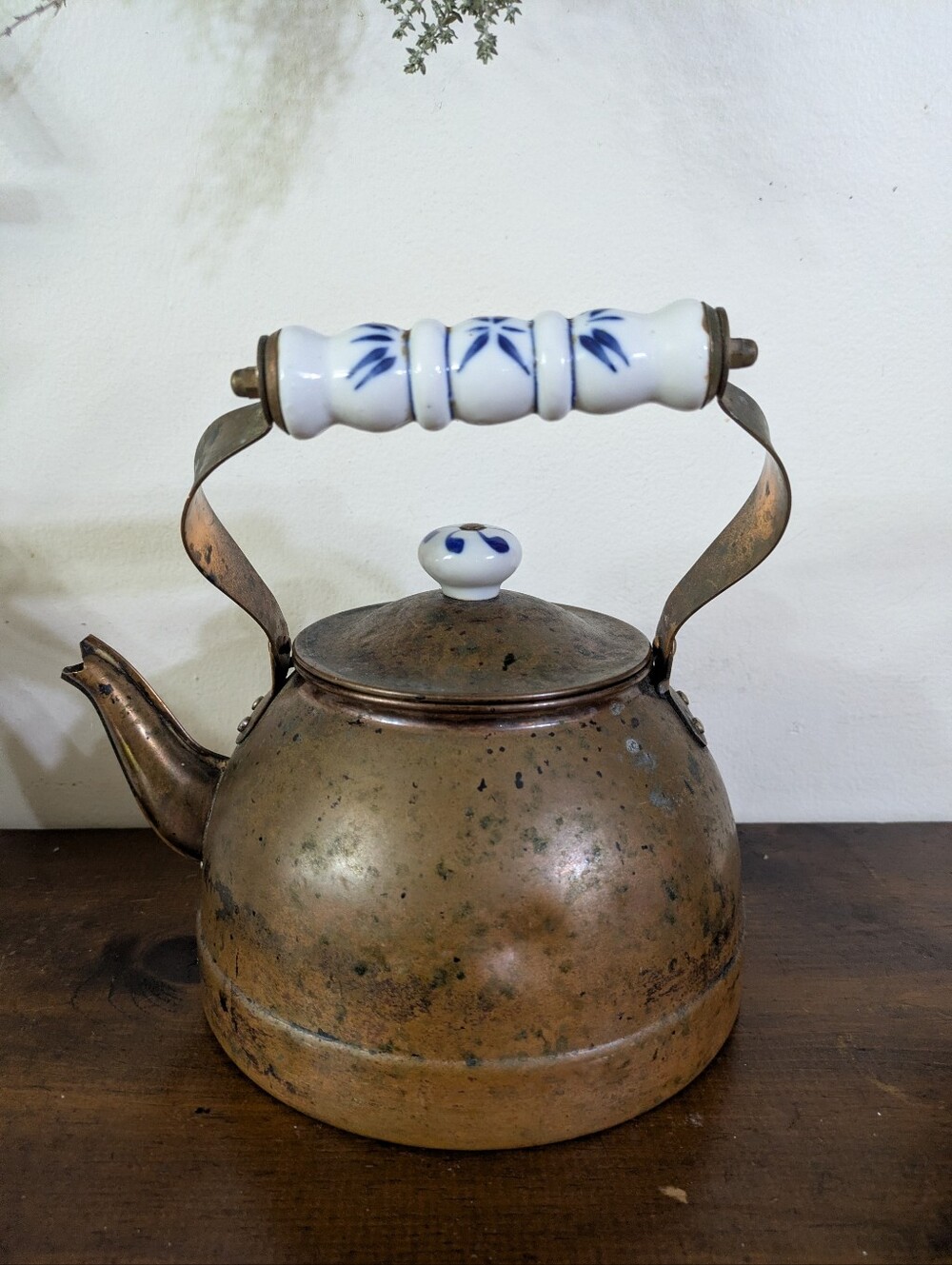 Vintage Copper Tea Kettle with Blue & White Ceramic Delft Style Handle Patina